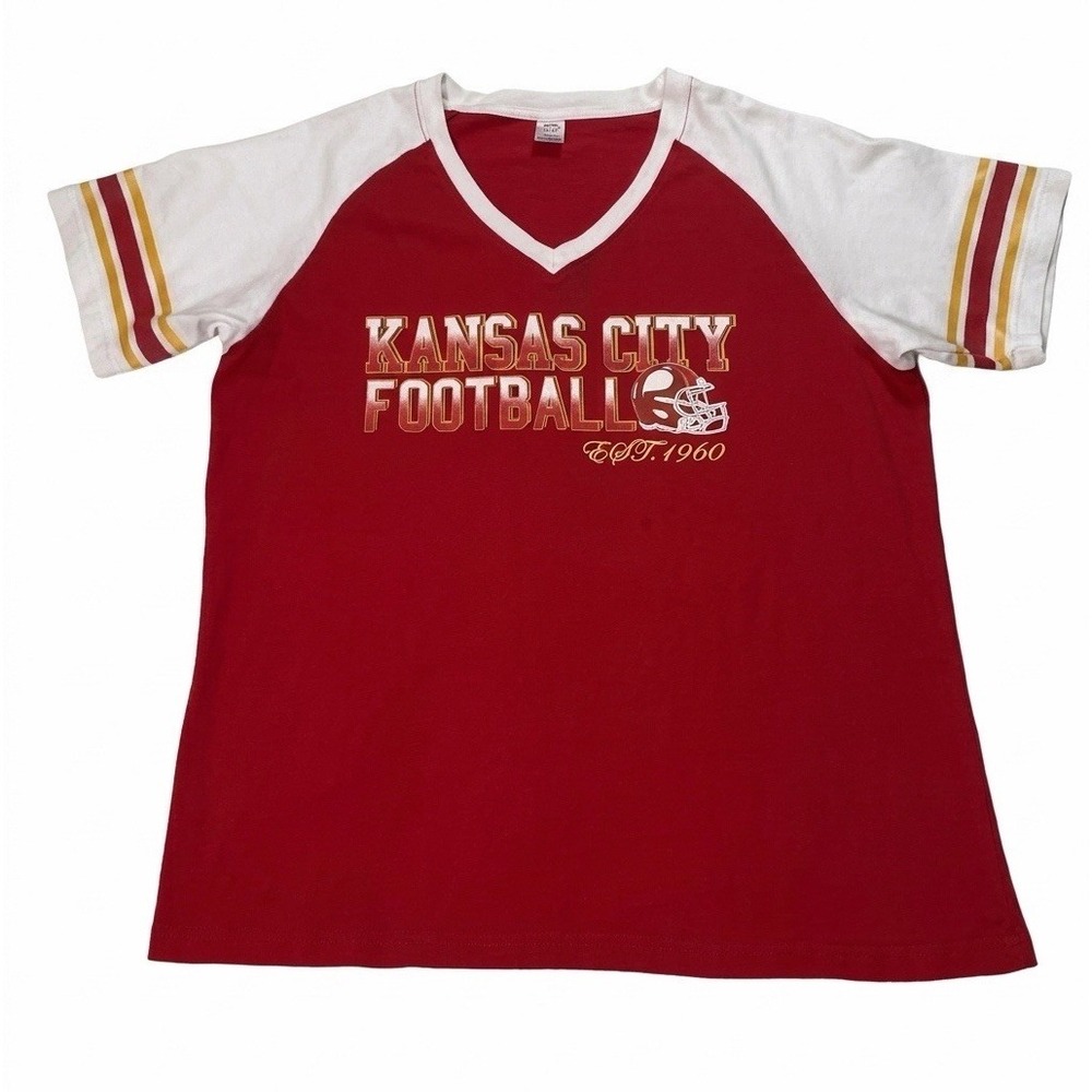 Kansas City Football Est 1960 Women V-Neck Raglan Shirt Red White Size 2XL Retro